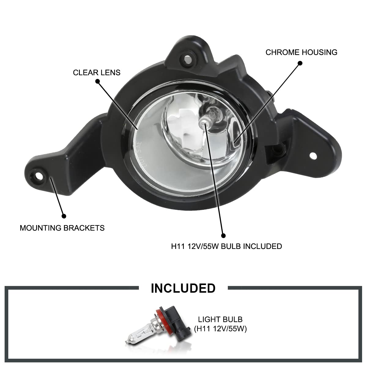 Fog Lights Spec-D Tuning Clear Lens + H11 Bulbs + Switch Included Compatible with Toyota CHR 2018-2019 L+R Pair Assembly