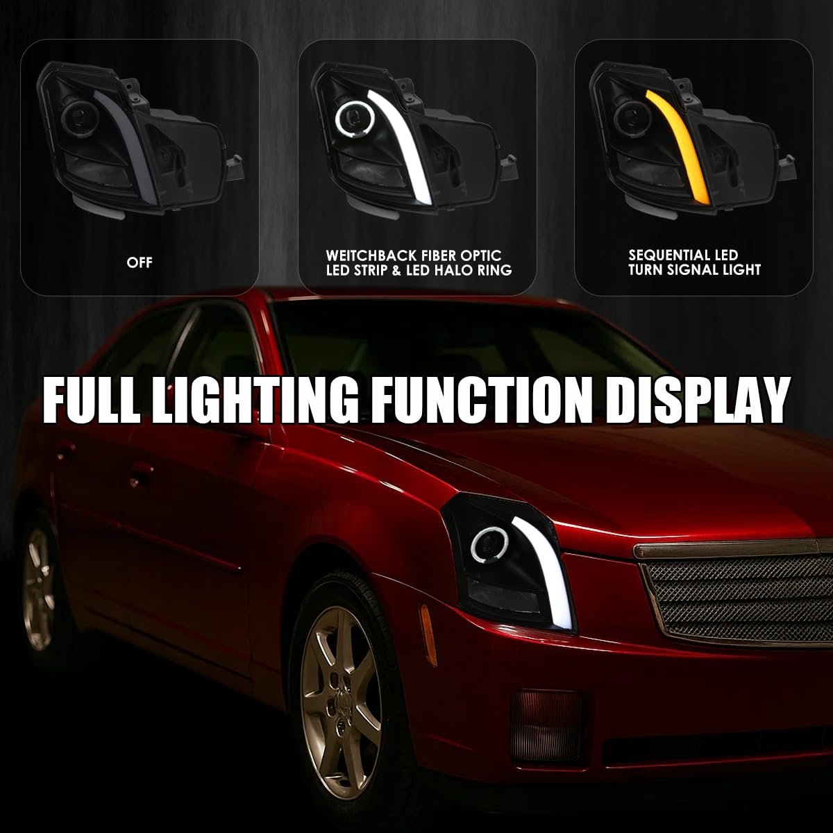 Black Smoke SPEC-D TUNING Halo Projector Headlights w/Switchback LED Signal Tube Compatible with 2003-2007 Cadillac CTS, Left + Right Pair Headlamps Assembly