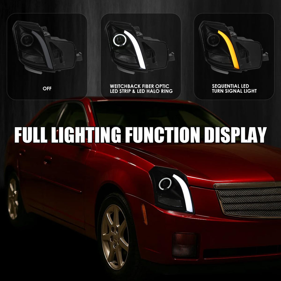 Black Smoke SPEC-D TUNING Halo Projector Headlights w/Switchback LED Signal Tube Compatible with 2003-2007 Cadillac CTS, Left + Right Pair Headlamps Assembly