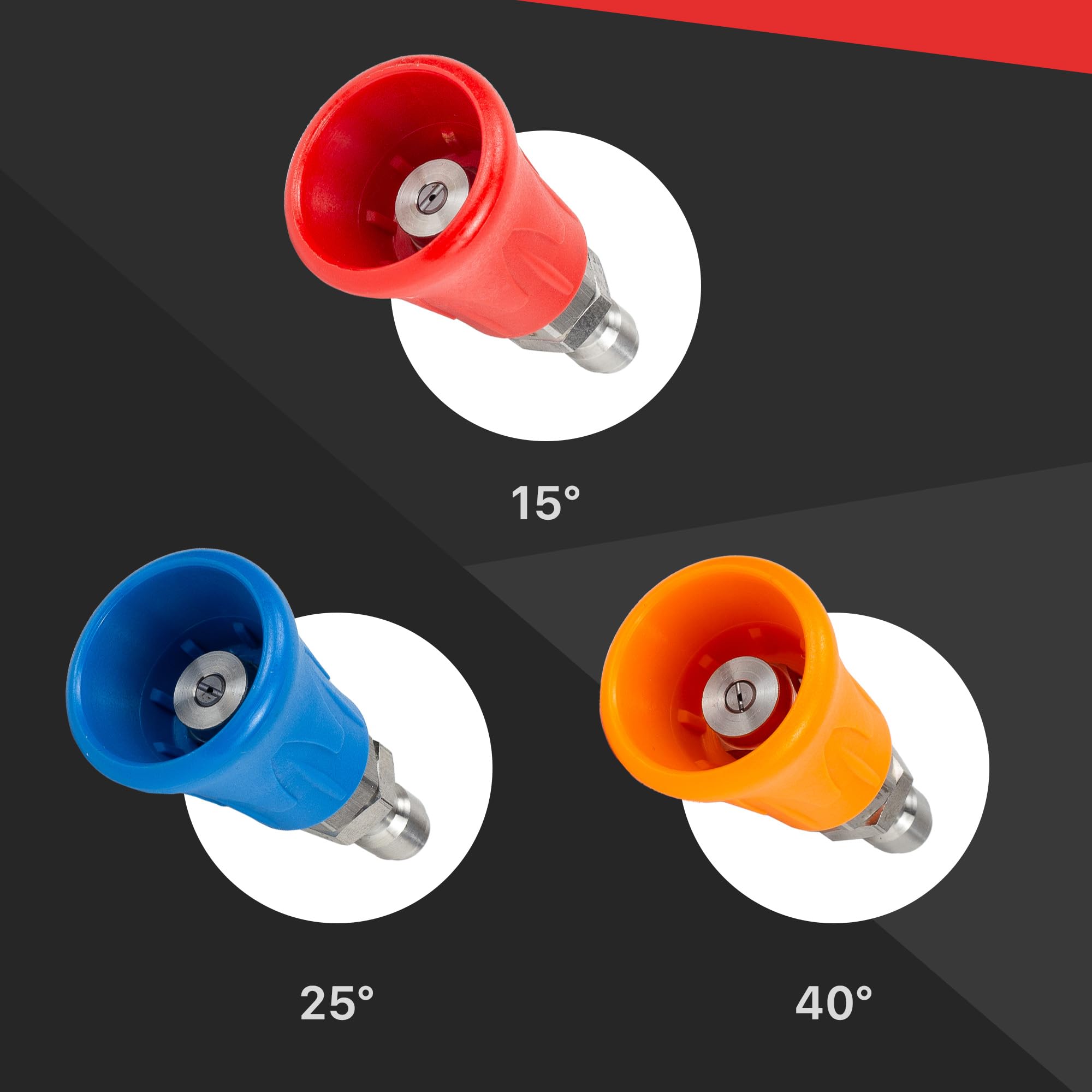 Premium Maxshine Stainless Steel Spray Nozzle Set | Universal ¼″ Quick-Connect Nozzles (15°, 25°, 40°) in Protective Rubber Housing | Durable, Leak-Free Professional Car Wash Accessory