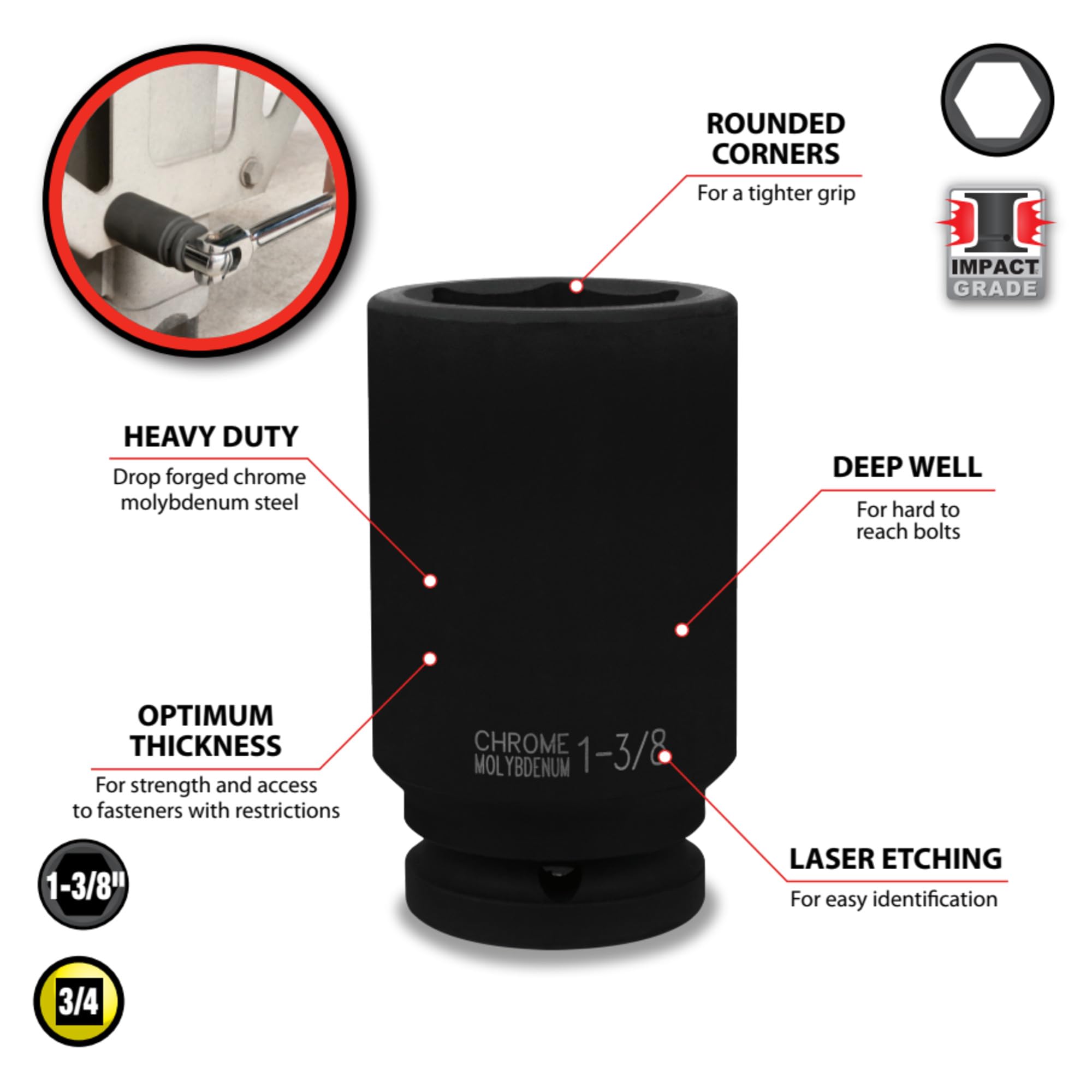 M742-44 Performance Tool 3/4-Inch Drive 1-3/8-Inch Deep Wall Impact Socket for Heavy-Duty Mechanics and Automotive Enthusiasts