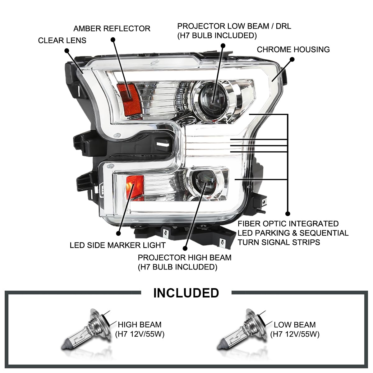Dual Projector Chrome SPEC-D TUNING Headlights w/Switchback Sequential LED Tube Signal Compatible with 2015-2017 Ford F150 Left + Right Pair Headlamps Assembly