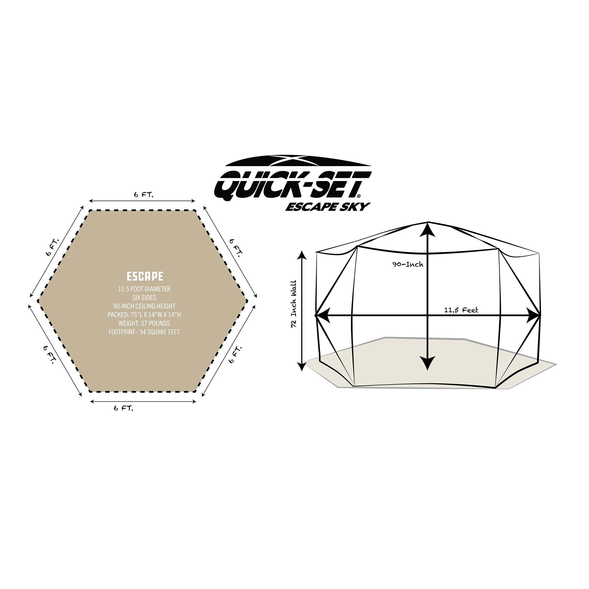 Quick-Set CLAM Escape Sky Camper 11.5’ x 11.5’ Pop-Up Outdoor Gazebo Instant Screen Tent 6-Sided Canopy Shelter w/Ground Stakes & Carry Bag, Brown