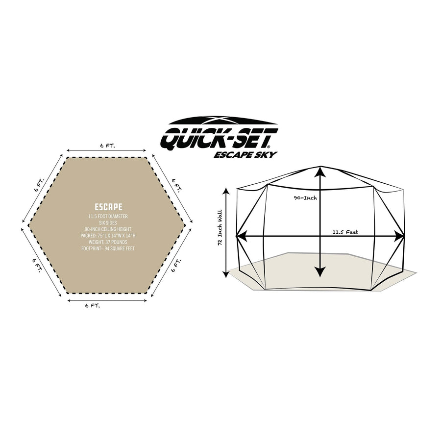 Quick-Set CLAM Escape Sky Camper 11.5’ x 11.5’ Pop-Up Outdoor Gazebo Instant Screen Tent 6-Sided Canopy Shelter w/Ground Stakes & Carry Bag, Brown