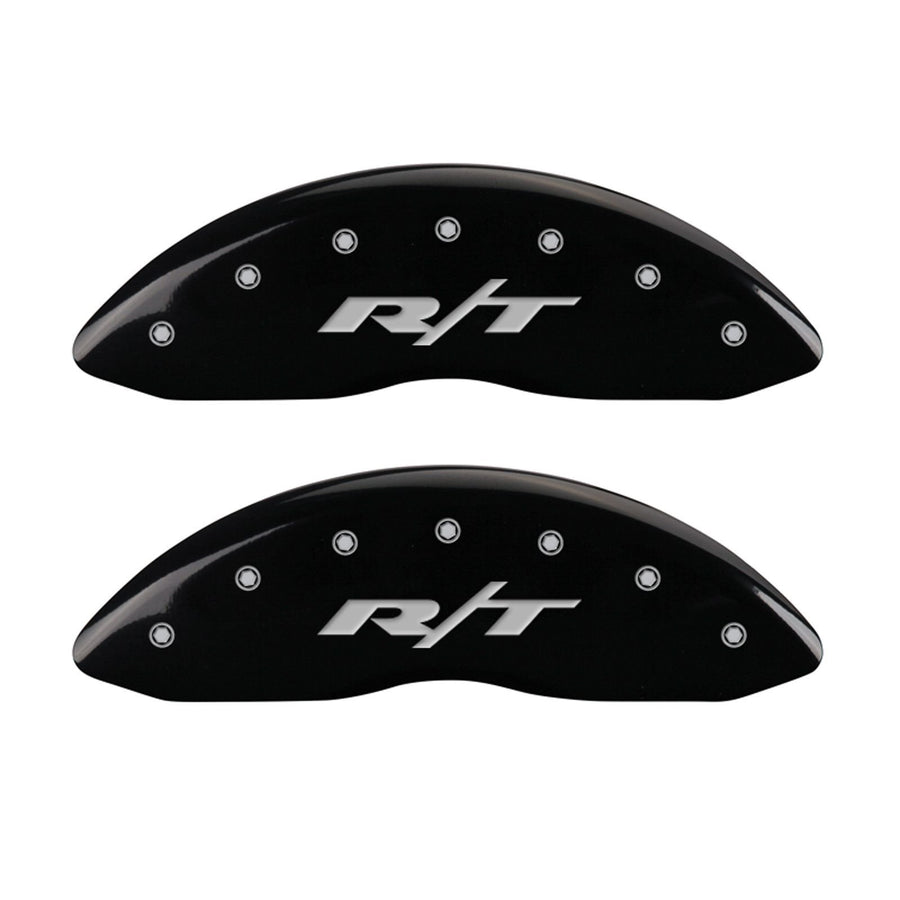 Brake Caliper Covers for 2011-2023 Dodge Challenger & 2011-2023 Dodge Charger - MGP Caliper Covers (Requires Dual Piston Front Caliper) Front and Rear Set - Engraved R/T Truck Logo (Black)