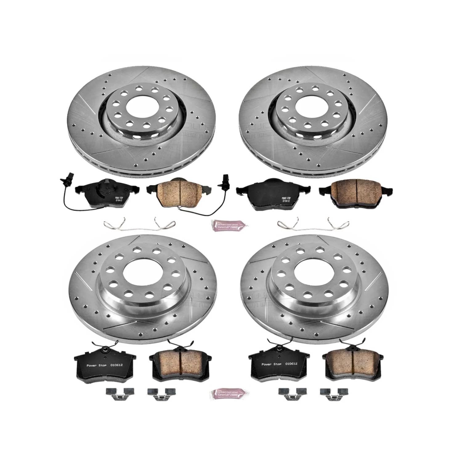 Power Stop K2777 Z23 Carbon Fiber Brake Pads Front and Rear with Drilled & Slotted Brake Rotors Kit For Audi A4 2002-2006, Audi A4 Quattro 2002-2006 [Model Specific]