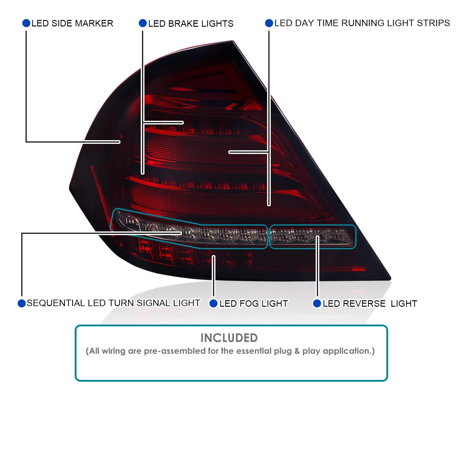 Red/Smoke SPEC-D TUNING Full LED Sequential Tail Lights Compatible with 2001-2004 Mercedes-Benz W203 C-class Sedan