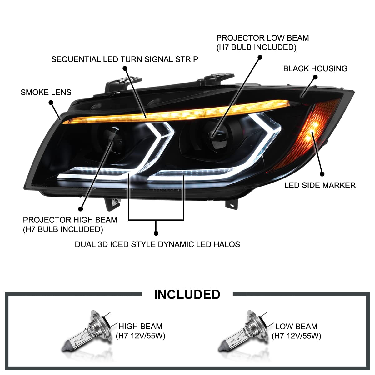 Black Smoke SPEC-D TUNING Dual Projector Headlights with 3D LED Tube and Startup Animation Compatible with 2006-2011 BMW 3-Series E90 Sedan/E91 Wagon, Left + Right Pair Headlamps Assembly
