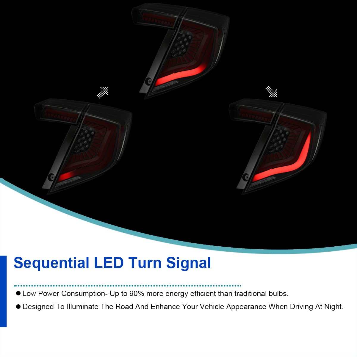 Black Smoke LED Tail Lights SPEC-D TUNING w/Red LED Sequential Turn Signals Compatible with 2017-2021 Honda Civic Hatchback, Left + Right Pair Headlamp Assembly