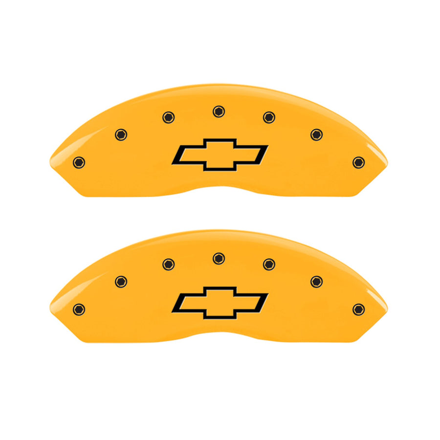 Caliper Covers MGP 14235SBOWYL Yellow (Set of 4, Engraved Front and Rear: Bowtie, Yellow powder coat finish, black characters)