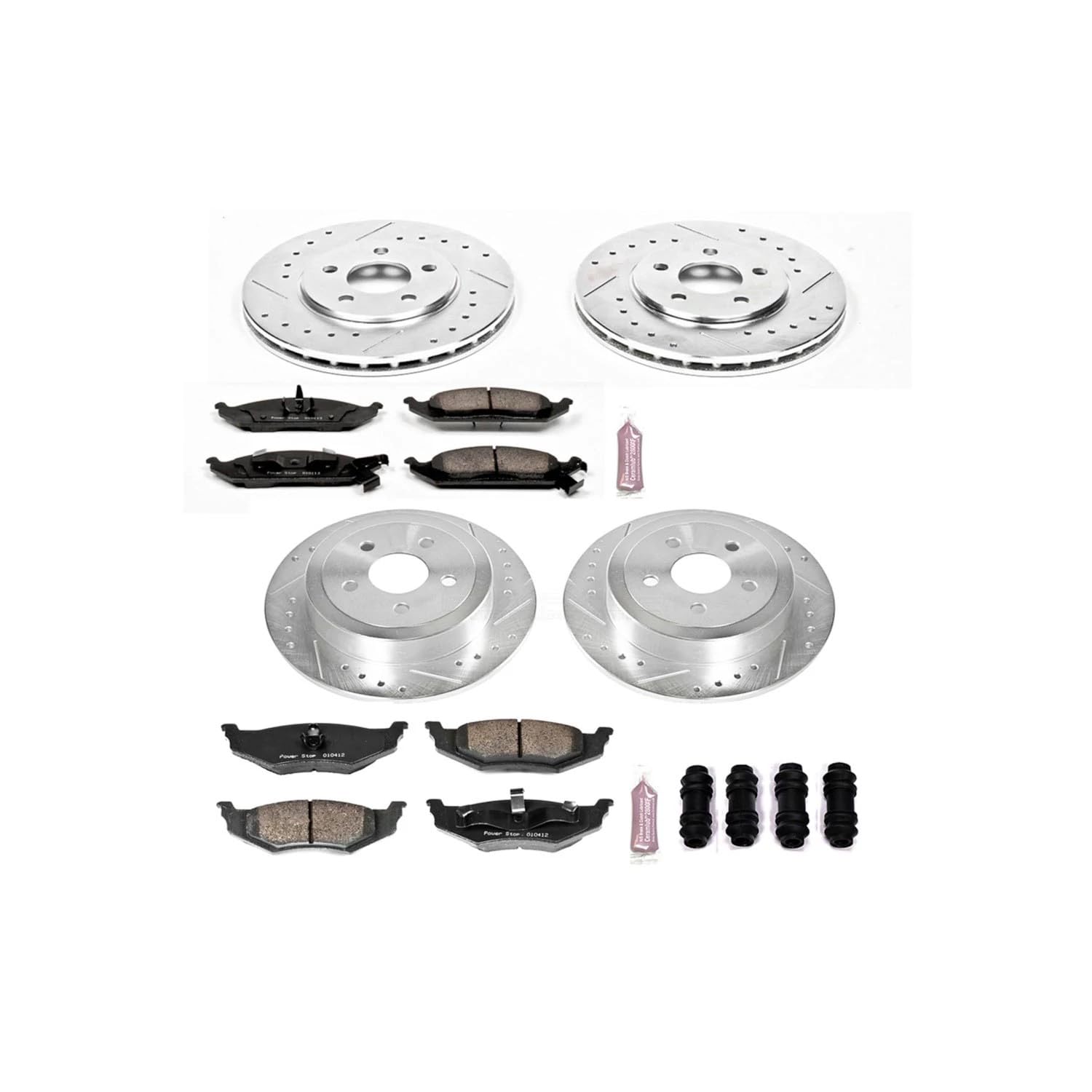 Power Stop K6265 Z23 Carbon Fiber Brake Pads Front and Rear with Drilled & Slotted Brake Rotors Kit For Chrysler Cirrus 1995-2000 [Model Specific]