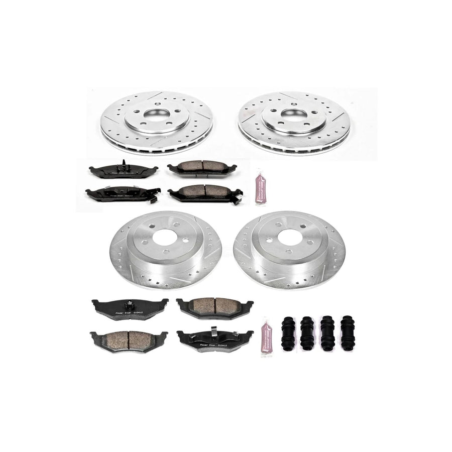 Power Stop K6265 Z23 Carbon Fiber Brake Pads Front and Rear with Drilled & Slotted Brake Rotors Kit For Chrysler Cirrus 1995-2000 [Model Specific]