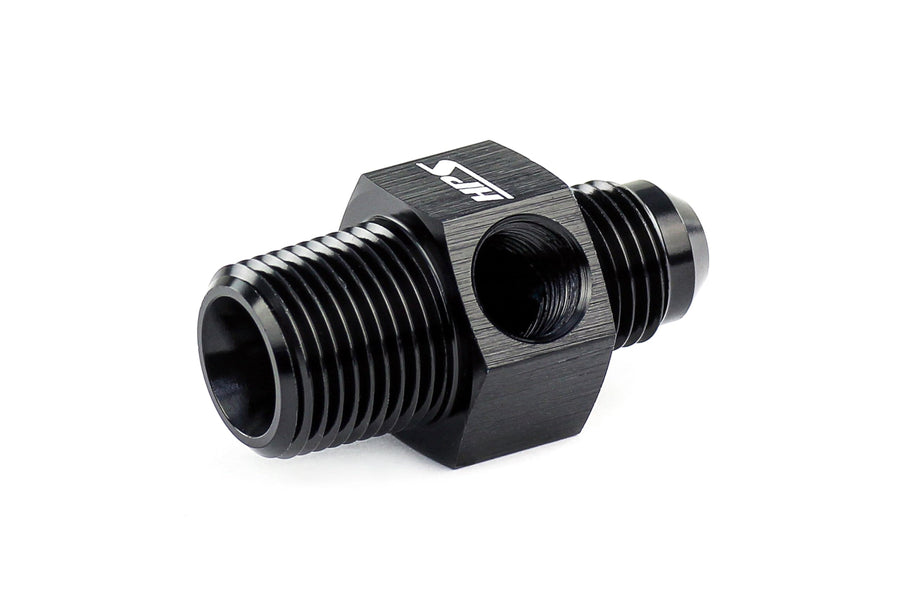 HPS AN194-06-08 Adapter Fitting AN to NPT, Male to NPT Male with 1/8" NPT Female Port, Aluminum, Size: AN-6 to 3/8 NPT, Angle: Tee, Black
