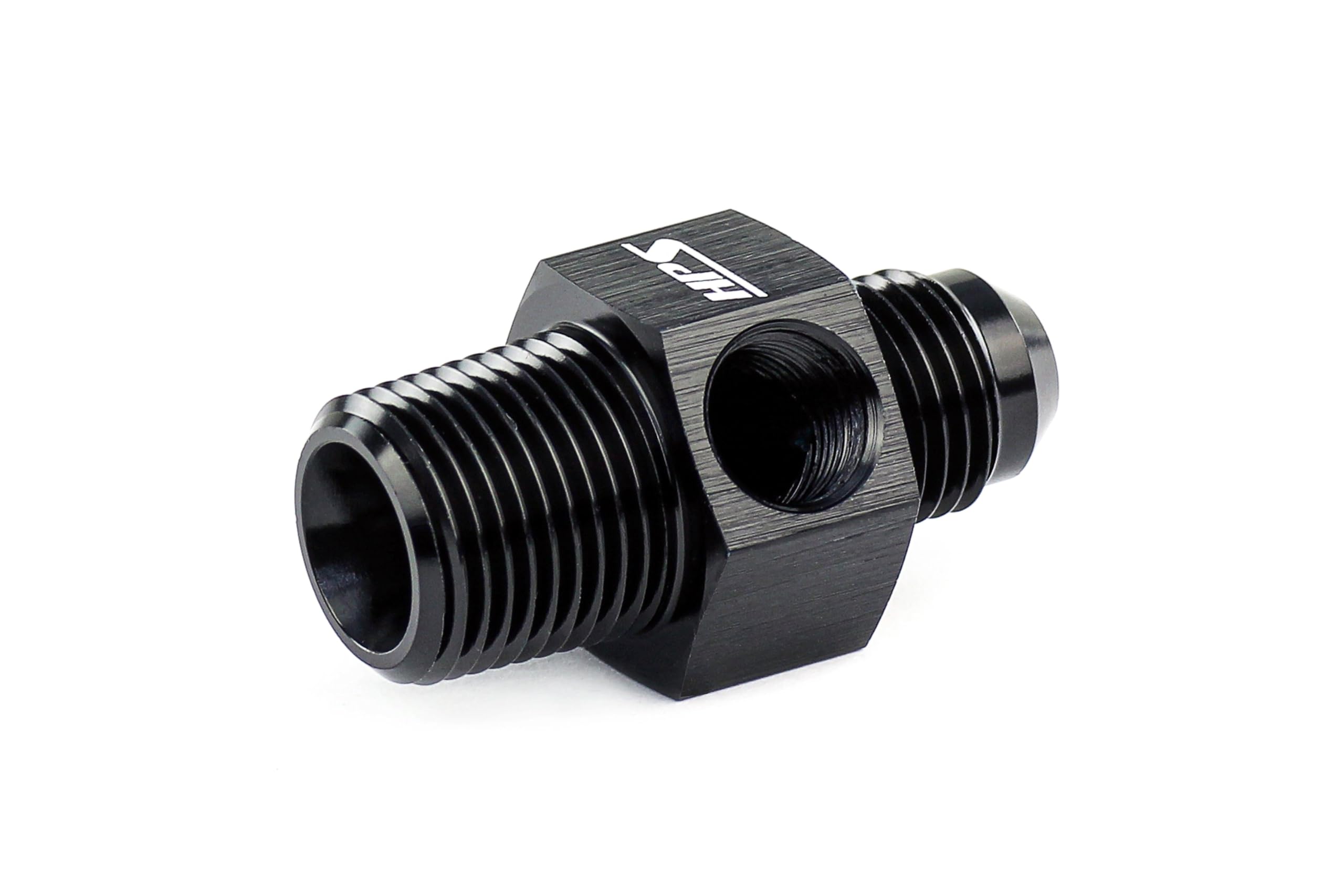 HPS AN194-08-06 Adapter Fitting AN to NPT, Male to NPT Male with 1/8" NPT Female Port, Aluminum, Size: AN-8 to 3/8 NPT, Angle: Tee, Black