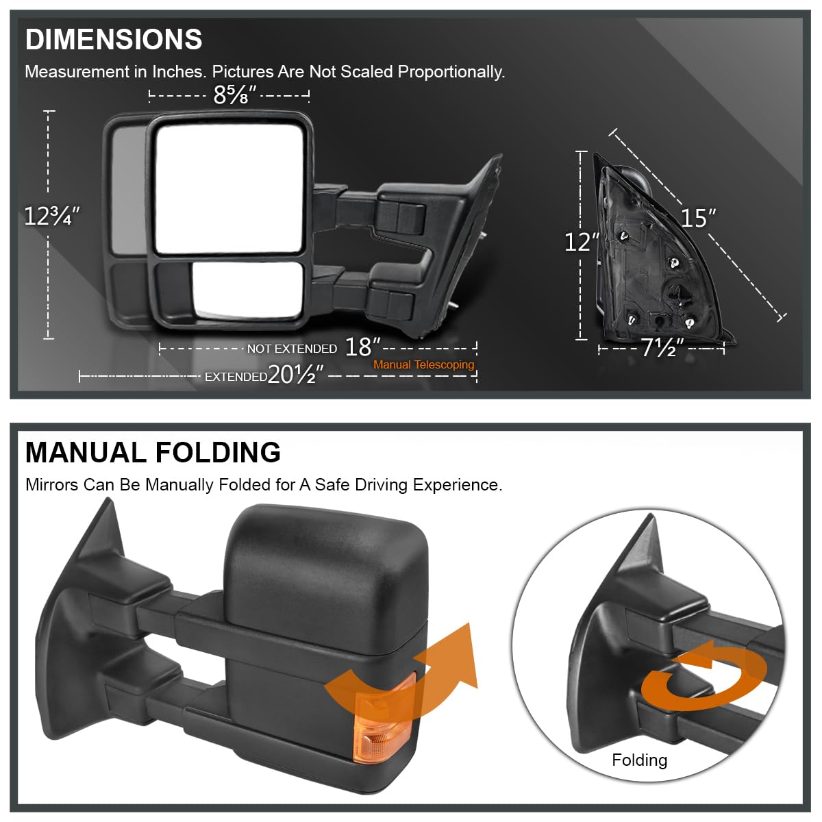 Manual Towing Mirrors SPEC-D TUNING Turn Signal Lights Compatible with 2003-2015 Ford F250 Super Duty Left + Right Pair