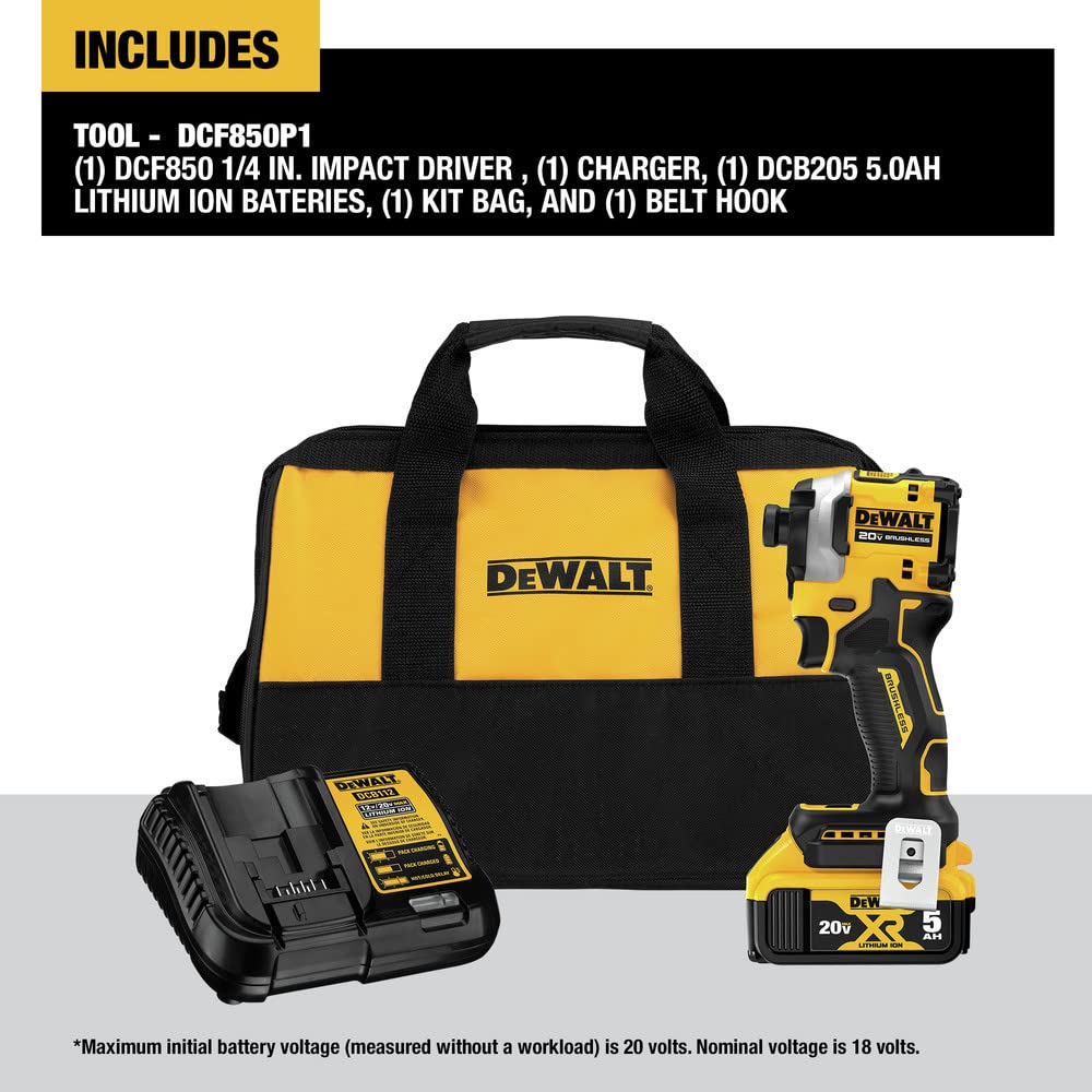 20V MAX DEWALT ATOMIC 1/4 in. Brushless Cordless Impact Driver Kit with Battery and Charger Included (DCF850P1)