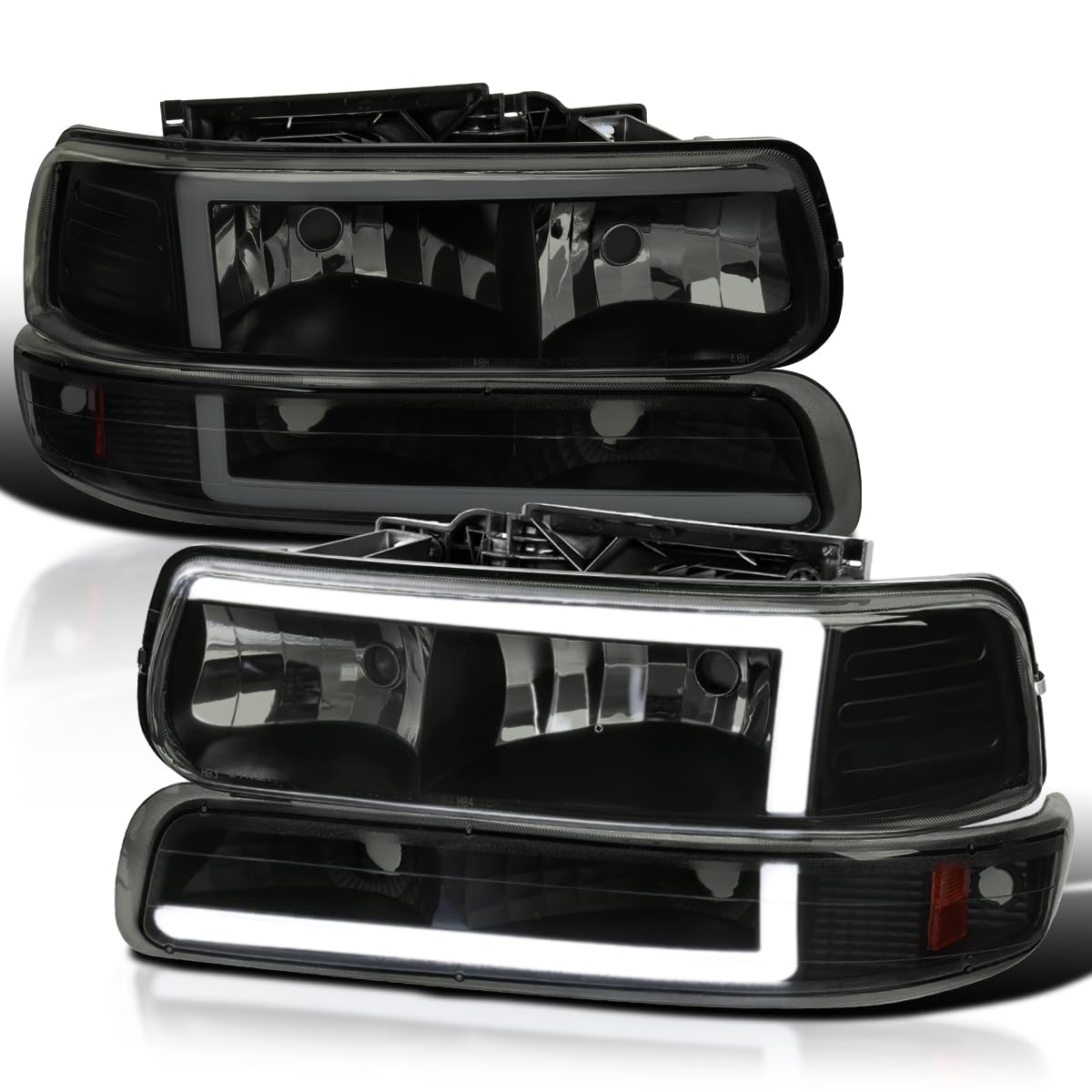Black Smoke LED Bar Headlights + Bumper Lights SPEC-D TUNING Compatible with 1999-2002 Chevy Silverado 2000-2006 Tahoe Suburban, Left + Right Pair Headlamps Assembly