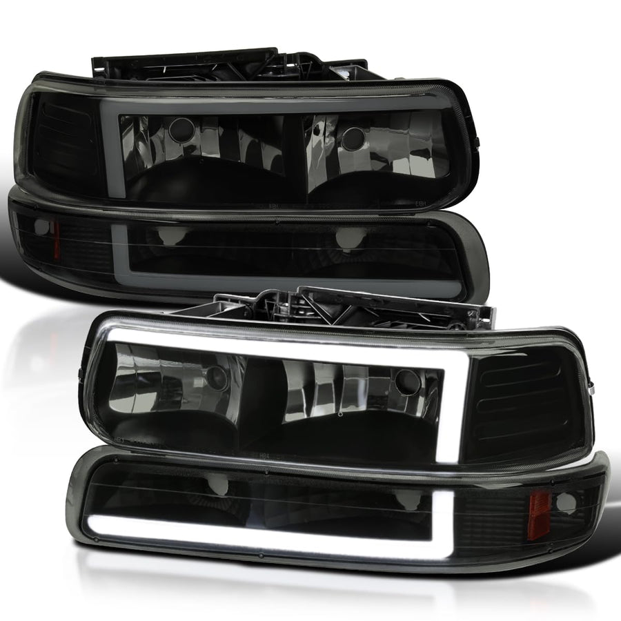 Black Smoke LED Bar Headlights + Bumper Lights SPEC-D TUNING Compatible with 1999-2002 Chevy Silverado 2000-2006 Tahoe Suburban, Left + Right Pair Headlamps Assembly