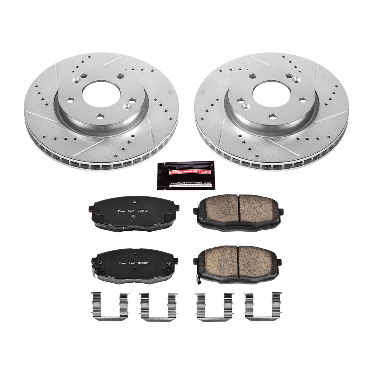 Power Stop K5911 Z23 Carbon Fiber Brake Pads Front with Drilled & Slotted Brake Rotors Kit For Kia Forte 2010-2013, Kia Forte Koup 2010-2013 [Model Specific]
