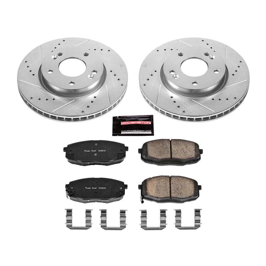 Power Stop K5911 Z23 Carbon Fiber Brake Pads Front with Drilled & Slotted Brake Rotors Kit For Kia Forte 2010-2013, Kia Forte Koup 2010-2013 [Model Specific]