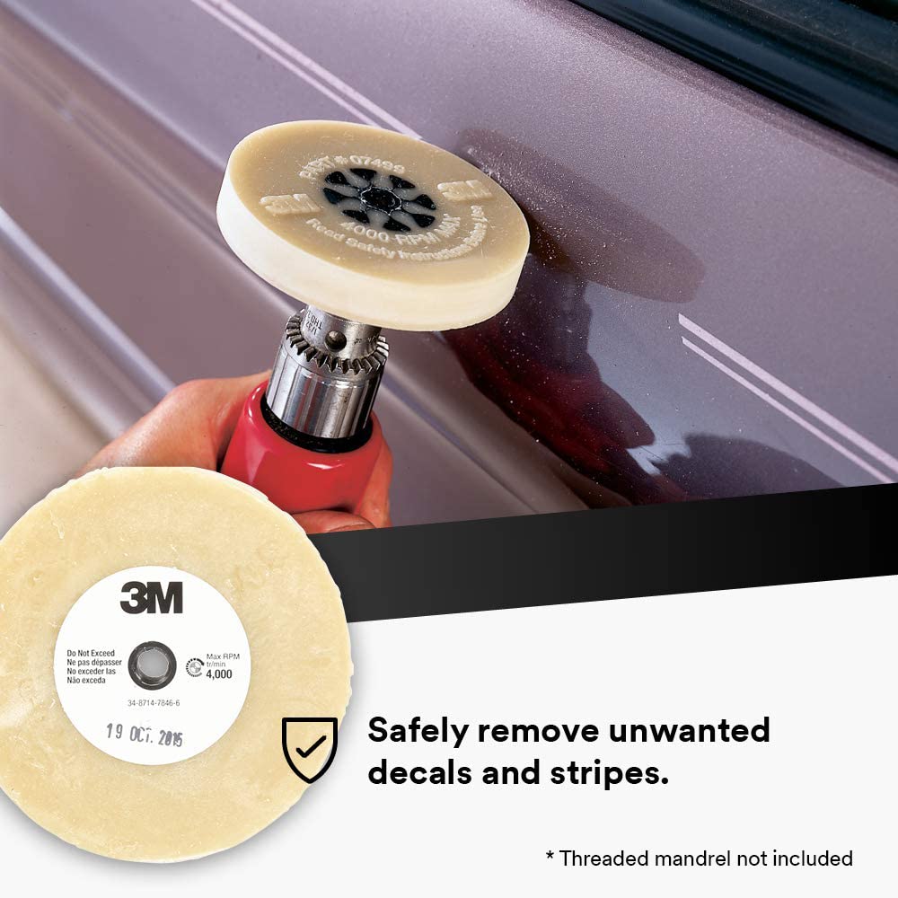 Adhesive Remover – 3M Stripe Off Wheel – Eraser Wheel – Removes Decals, Stripes, Vinyl, Tapes and Graphics – 4” diameter x 5/8” thick – 07499 – Pack of 1