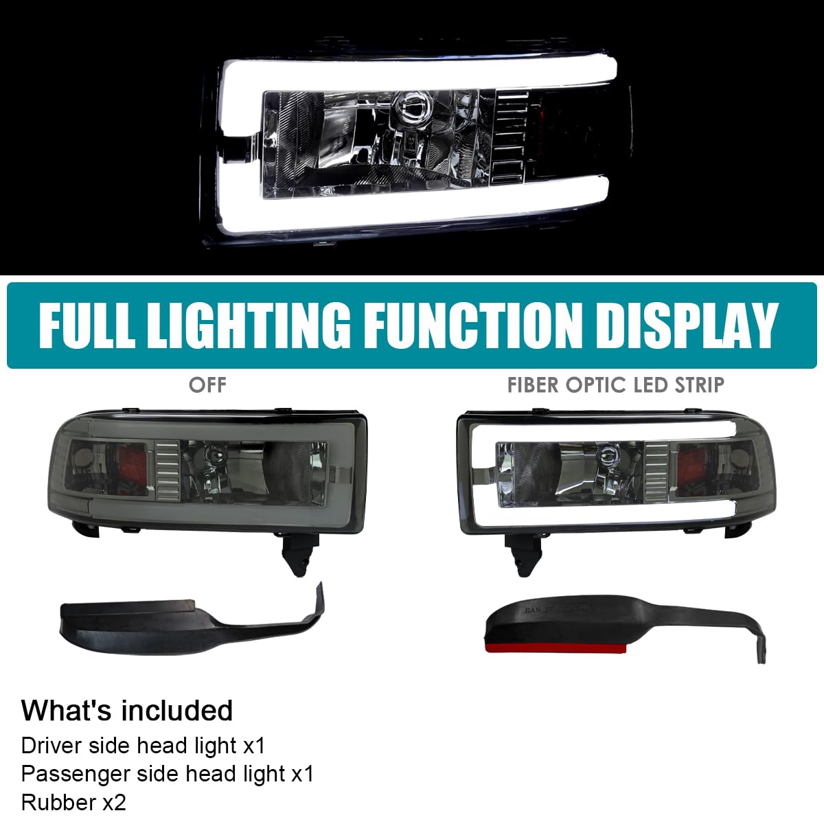 Smoke Headlights w/LED Tube SPEC-D TUNING Compatible with 1994-2001 Dodge Ram 1500, 2500, 3500, Left + Right Pair Headlamps Assembly