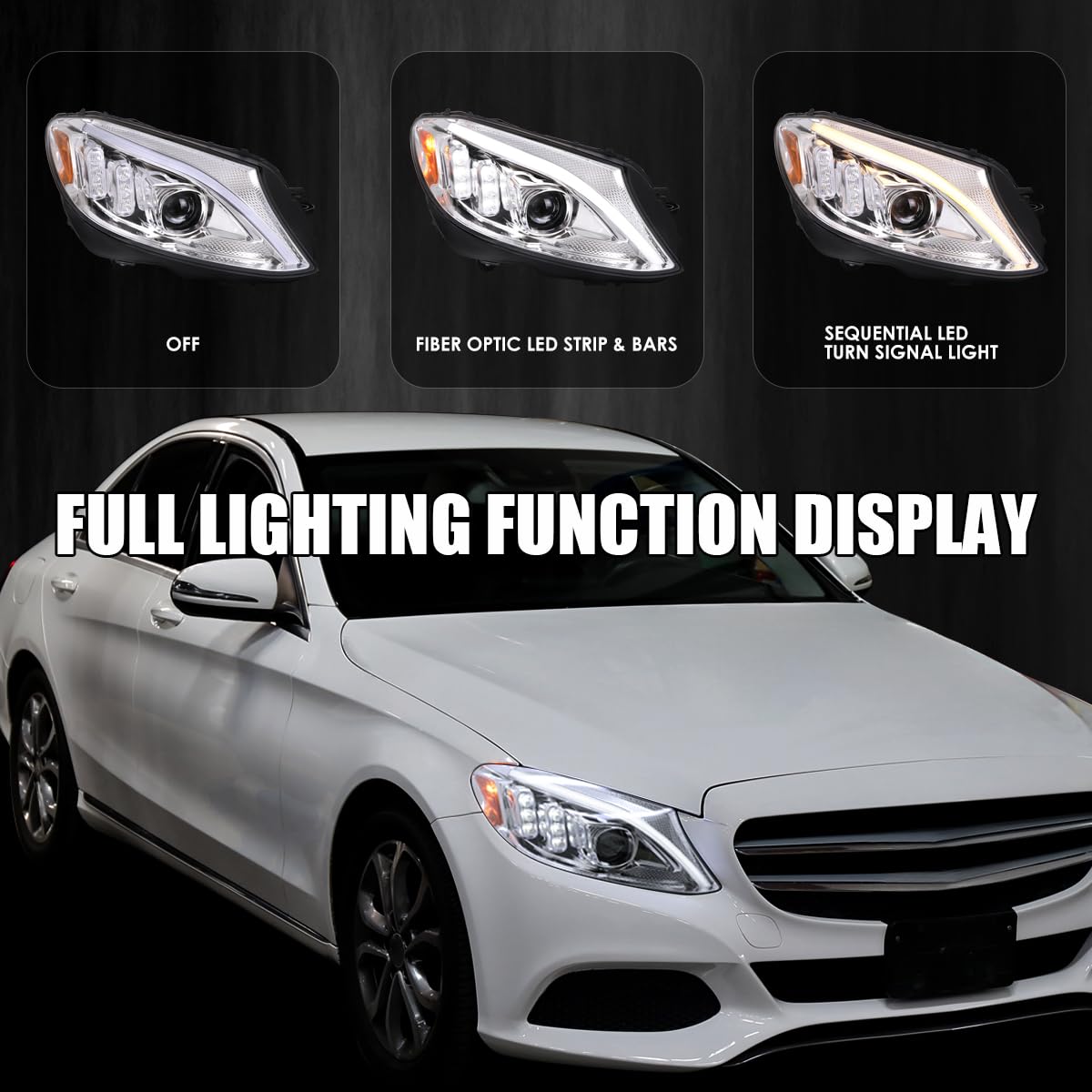 Chrome Projector Headlights SPEC-D TUNING w/Switchback LED Strips and Sequential Turn Signal Compatible with 2015-2018 Mercedes-Benz C-Class W205