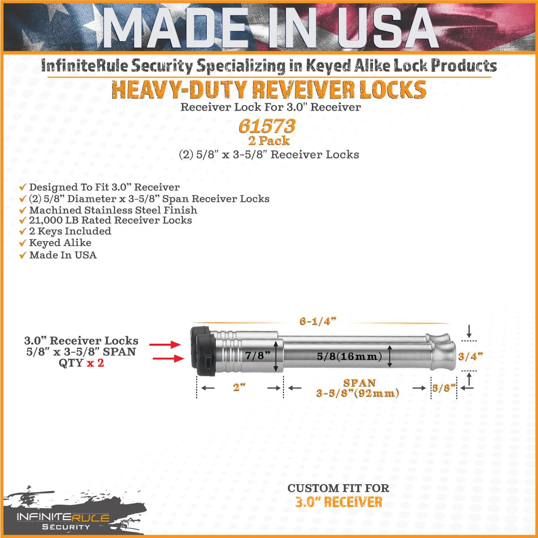 61573 InfiniteRule Security | 2 Pack, Keyed Alike, Receiver Locks for 3" Receiver