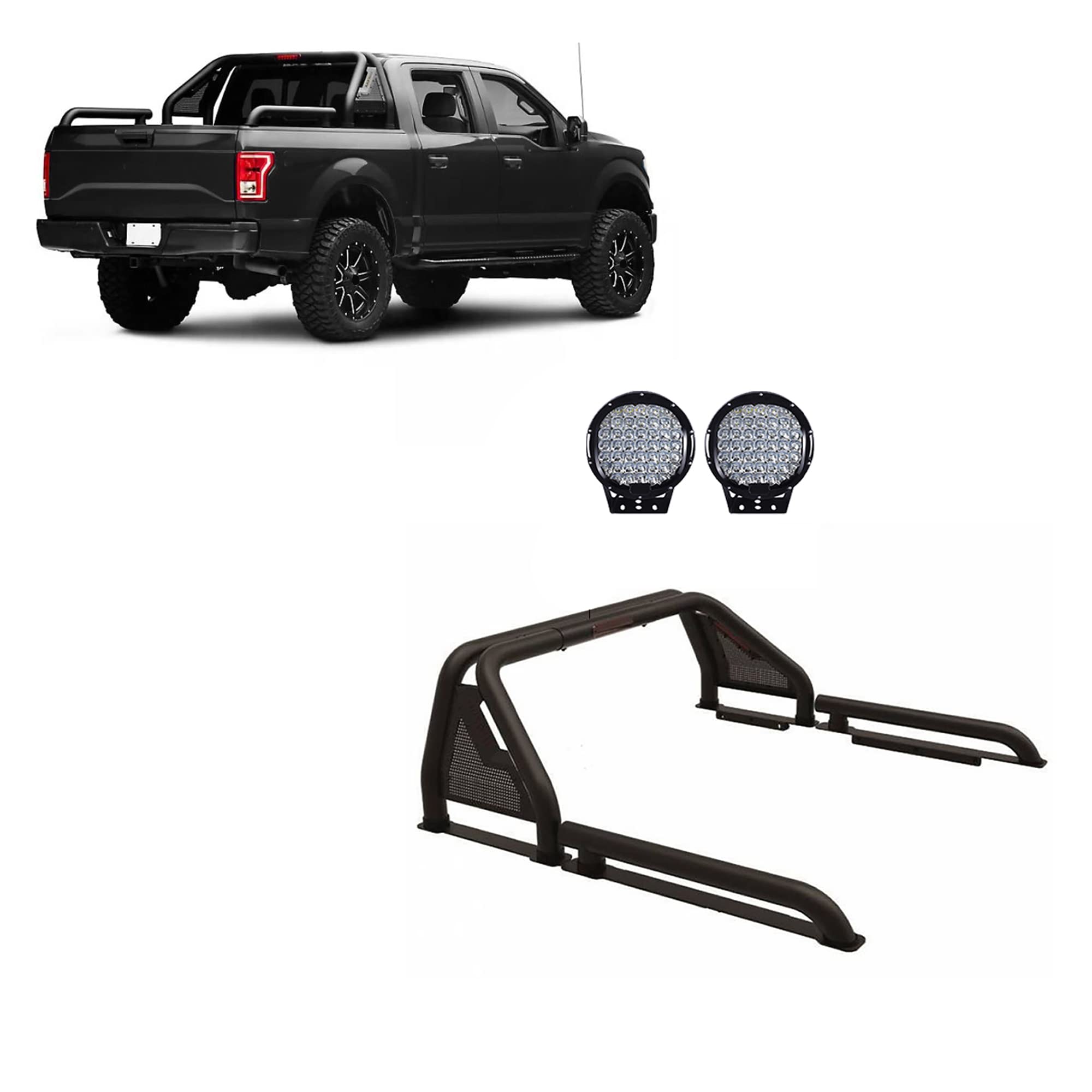 Gladiator Roll Bar Black Incl.Set of 9 Black Round LED Light Modular Black Compatible with 19-24 Titan/XD|14-24 Silverado/Sierra 1500/2500/3500|15-24 Ford F-150|09-10 Ram 1500|07-24 Tundra