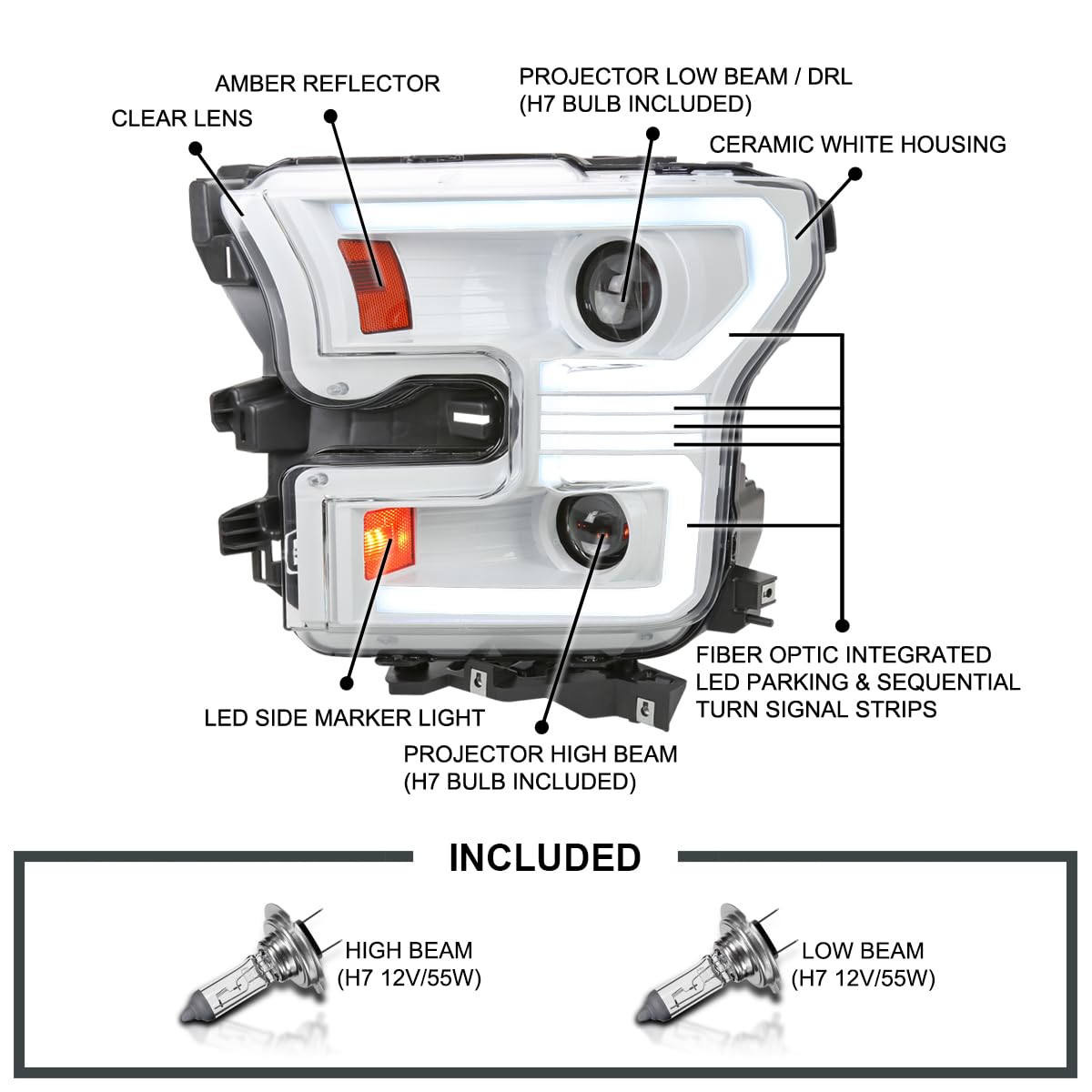 Dual Projector Headlights w/Switchback Sequential LED Tube Signal SPEC-D TUNING Arctic White Compatible with 2015-2017 Ford F150 Left + Right Pair Headlamps Assembly
