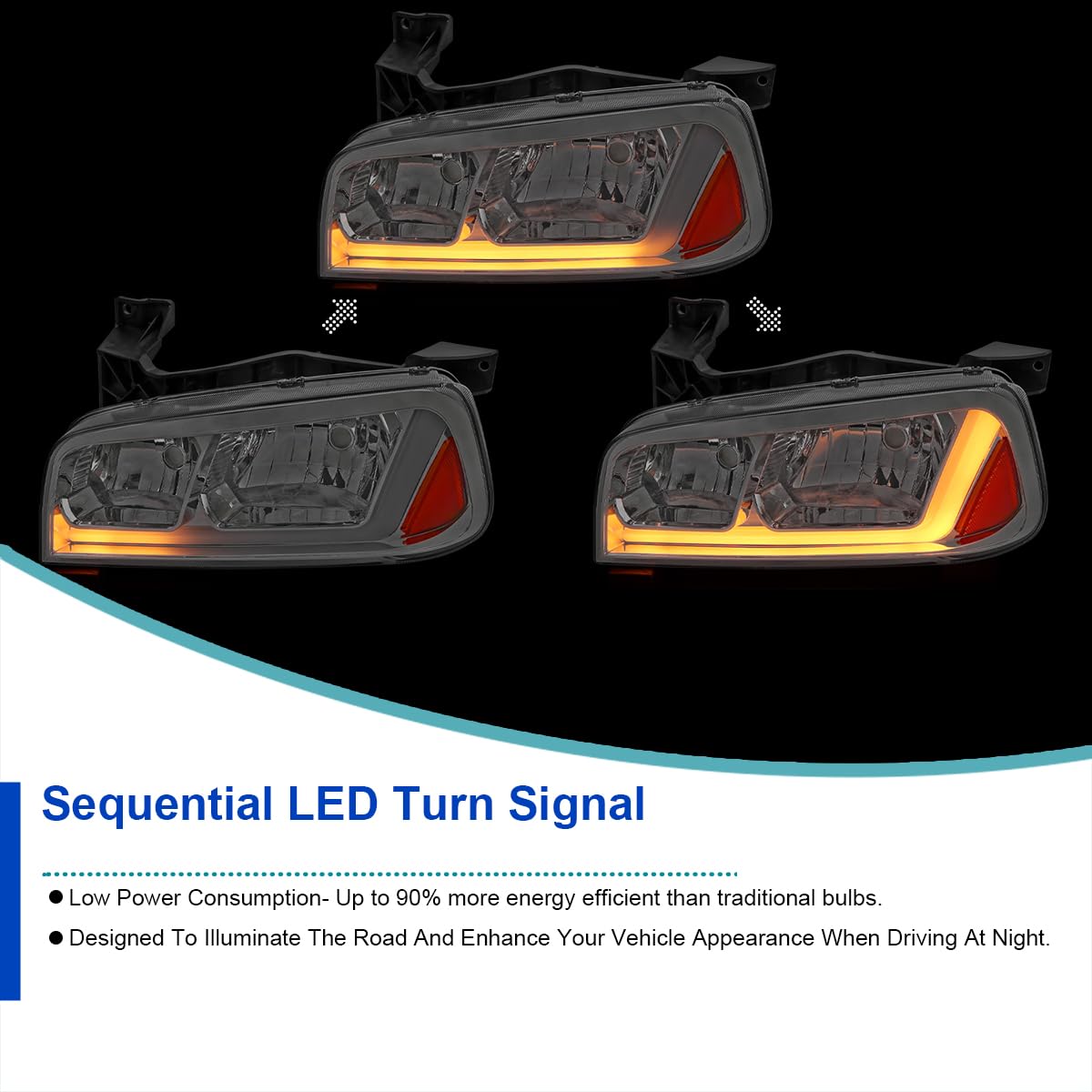 Chrome Headlights SPEC-D TUNING w/Fiber Optic LED Strip and Turn Signal Light Compatible with 2006-2010 Dodge Charger 4Dr Sedan, Left + Right Pair Headlamp Assembly