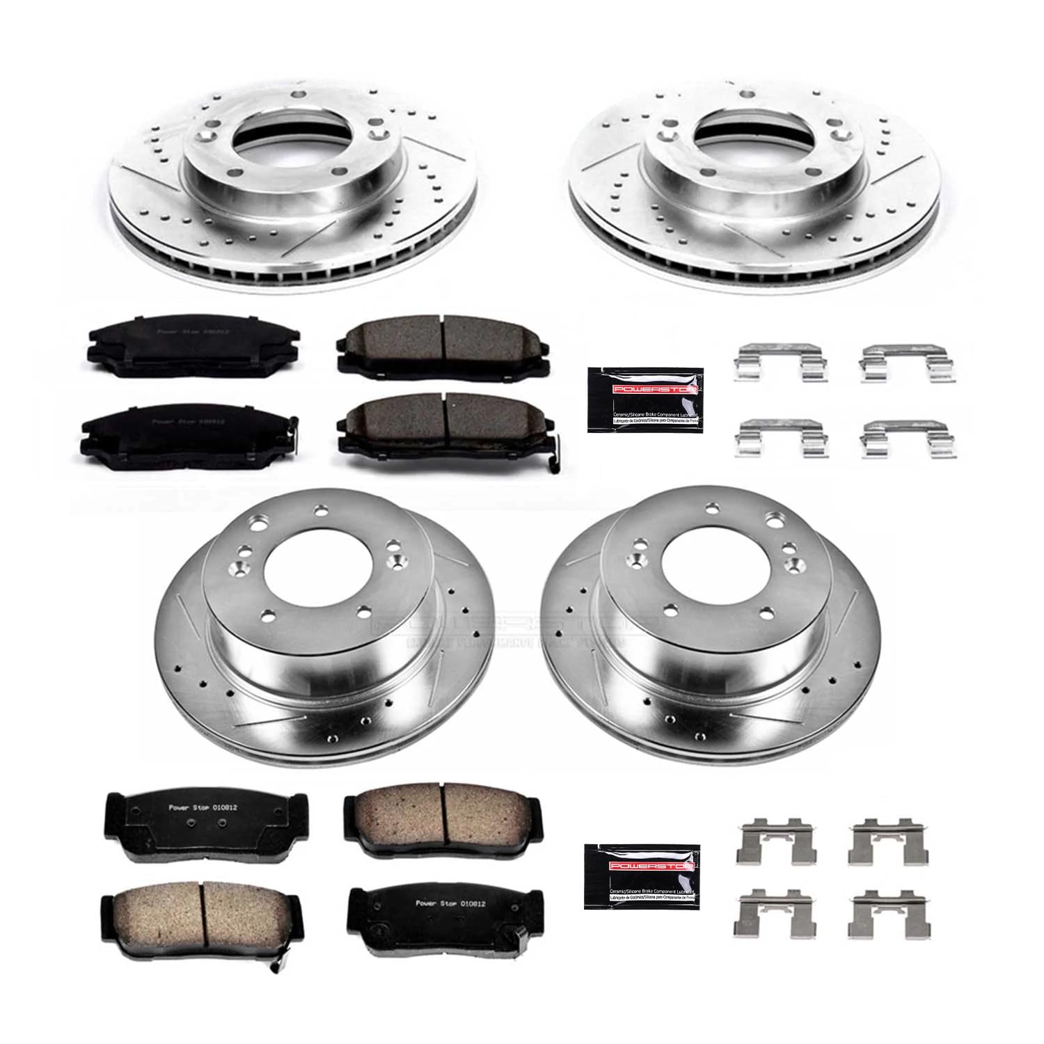 Power Stop K5900 Z23 Carbon Fiber Brake Pads Front and Rear with Drilled & Slotted Brake Rotors Kit For Kia Sorento 2003-2006 [Model Specific]
