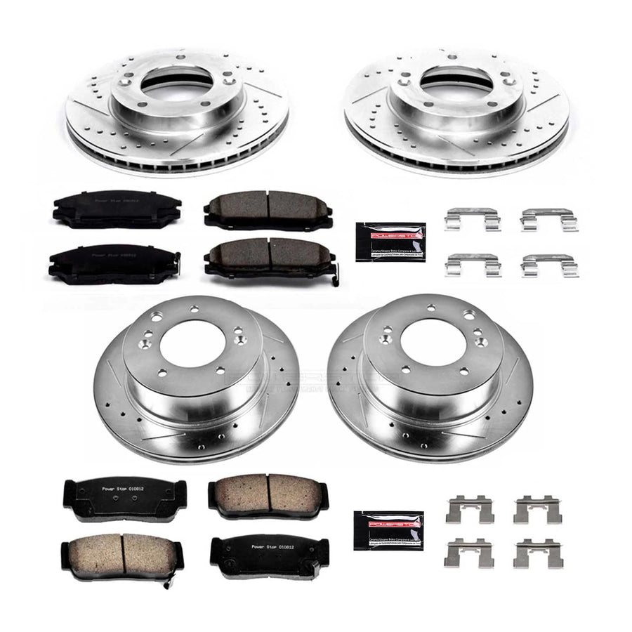 Power Stop K5900 Z23 Carbon Fiber Brake Pads Front and Rear with Drilled & Slotted Brake Rotors Kit For Kia Sorento 2003-2006 [Model Specific]