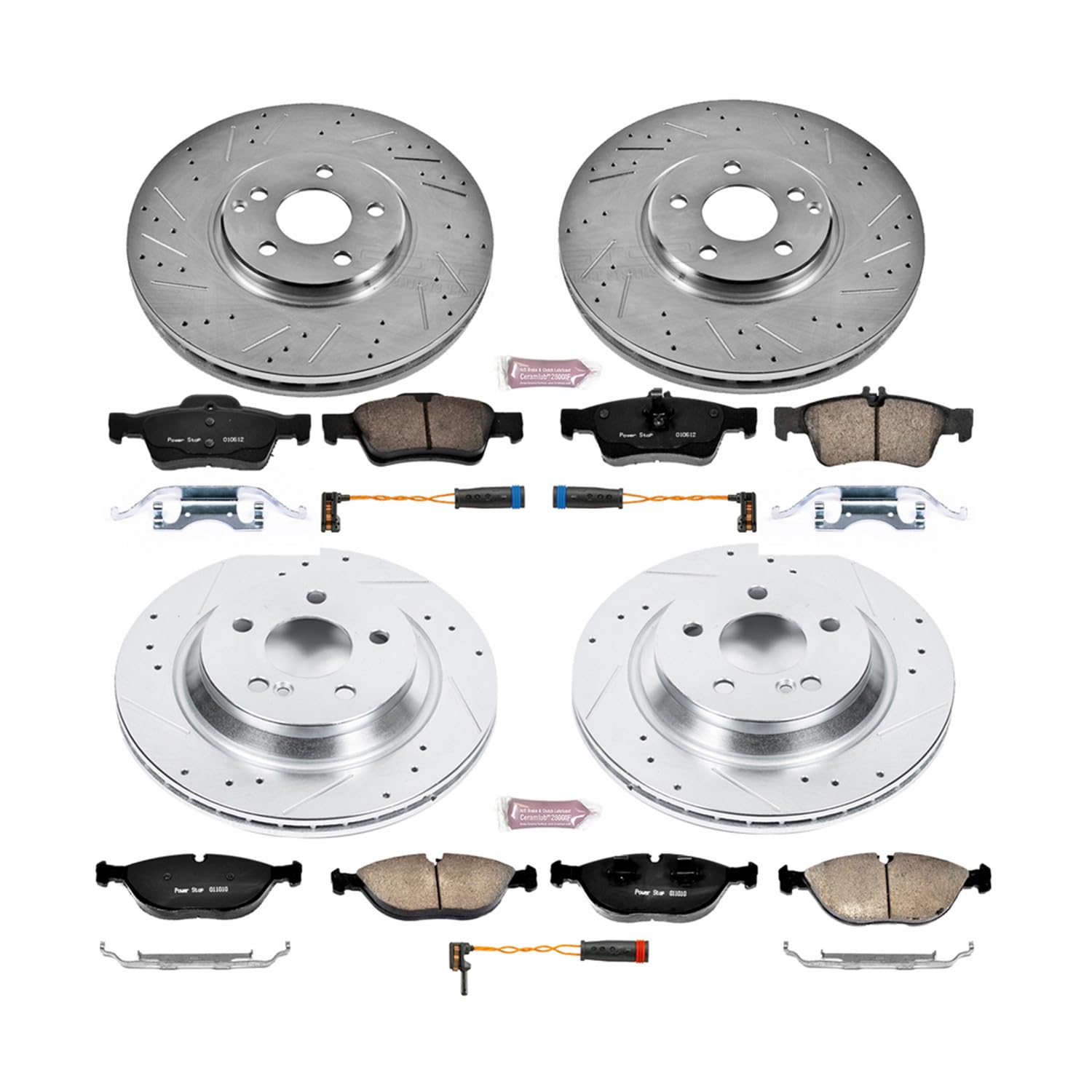 Power Stop K6747 Z23 Carbon Fiber Brake Pads Front and Rear with Drilled & Slotted Brake Rotors Kit For Mercedes-Benz S430 2003-2006 [Model Specific]
