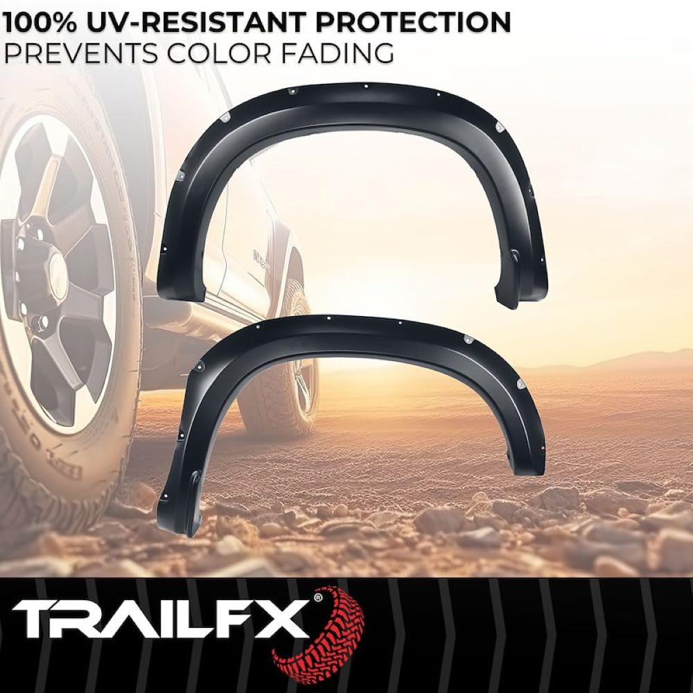 TrailFX Pocket Style TFC3005S Fender Flares for Chevrolet Silverado 1500 2019-2025 Black Smooth Paintable Polypropylene Set of 4 with Stainless and Black Steel Rivets