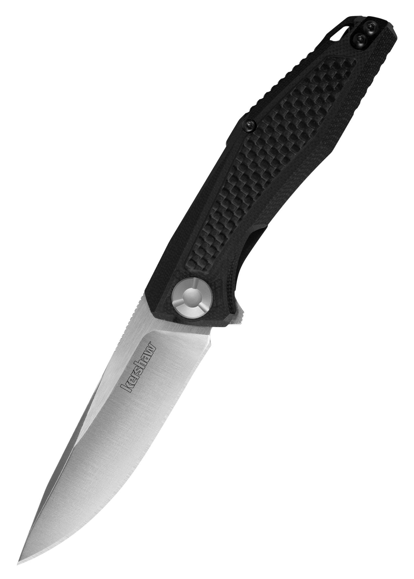 Atmos Kershaw Folding Pocketknife (4037); 3-in. 8Cr13MoV Stainless Steel Drop Point Blade; Black G10 Handle with Carbon Fiber; Inset Liner Lock; KVT Manual Open; Reversible Deep-Carry Pocketclip; 1 oz
