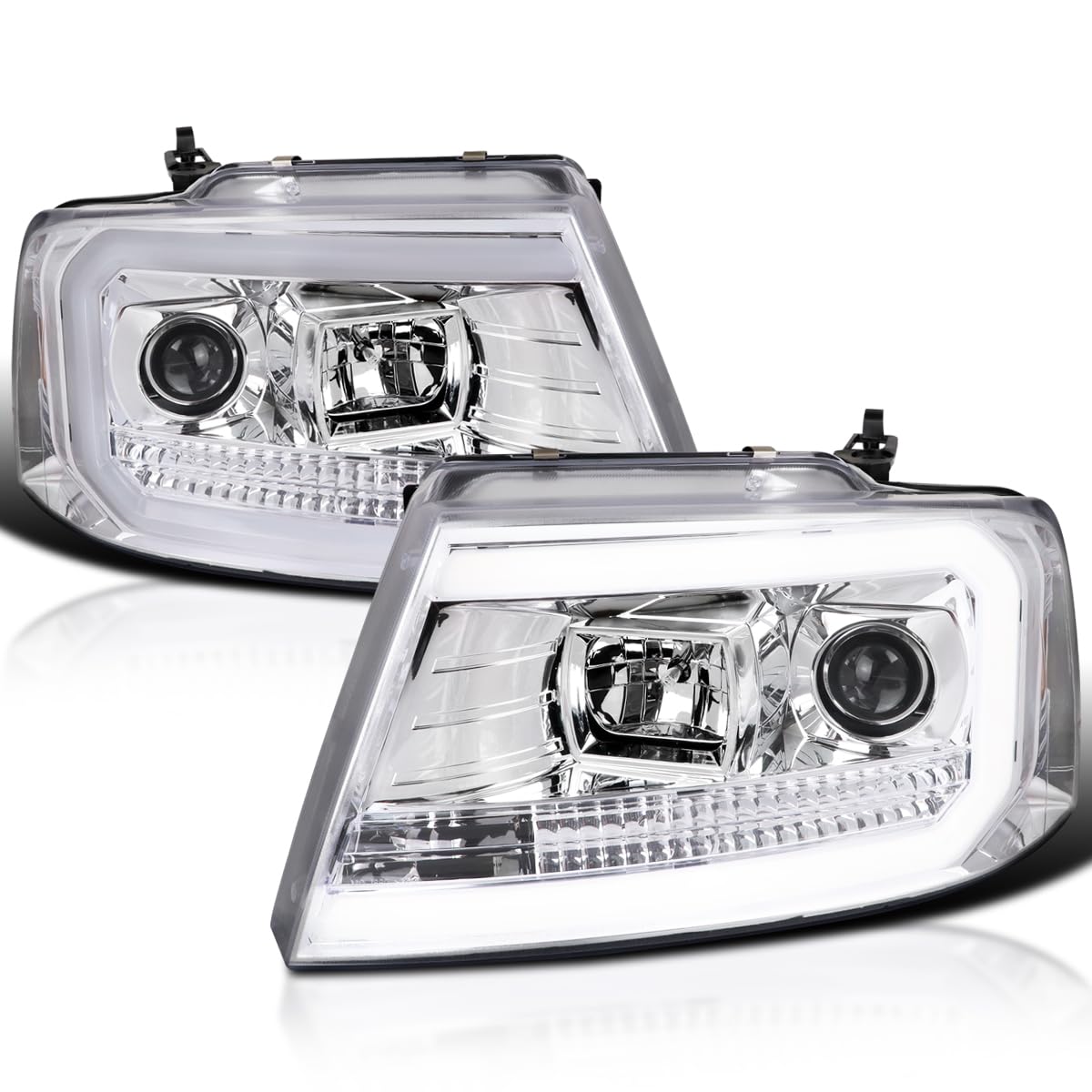 Chrome LED Tube Projector Headlights SPEC-D TUNING Compatible with 2004-2008 Ford F-150, 2006-2008 Lincoln Mark LT, Left + Right Pair Headlamps Assembly