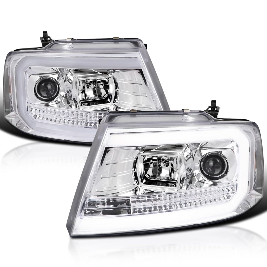 Chrome LED Tube Projector Headlights SPEC-D TUNING Compatible with 2004-2008 Ford F-150, 2006-2008 Lincoln Mark LT, Left + Right Pair Headlamps Assembly