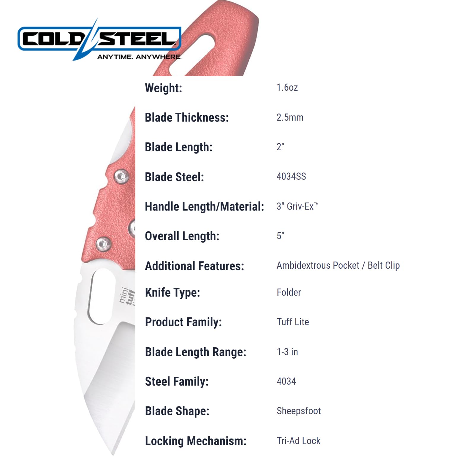 Mini Tuff Lite Cold Steel 2" 4034SS Sheepsfoot Razor-Sharp Blade 3" Griv-Ex Red Handle Everyday Carry Pocket Folding Knife