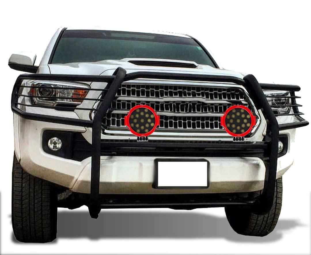 Bumper Guard Black Horse Grille Brush Modular Black Come with Pair of 7.0" Dia.LED Lights with Red Trim Rings Compatible with 2016-2023 Toyota Tacoma-17A096402MA-PLR