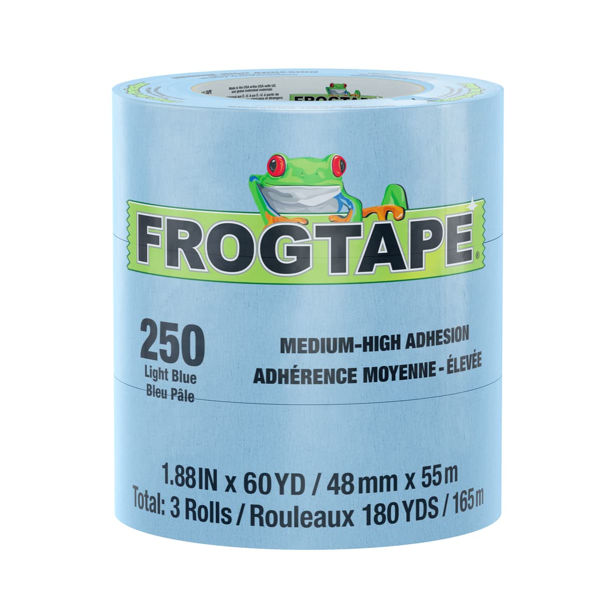 FrogTape 250 Moderate Temperature Light Blue Performance Grade Masking Tape, Medium-High Adhesion, 48mm x 55m, 3 Rolls per Pack