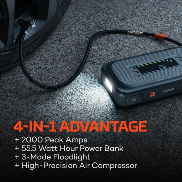 NEBO Air Assist 2000XP Jump Starter and Compressor | 55.5Wh Power Supply Box Restarts 12V Battery Vehicles, 150 PSI Inflates Tires, Integrated Floodlight, USB Ports, TSA Approved
