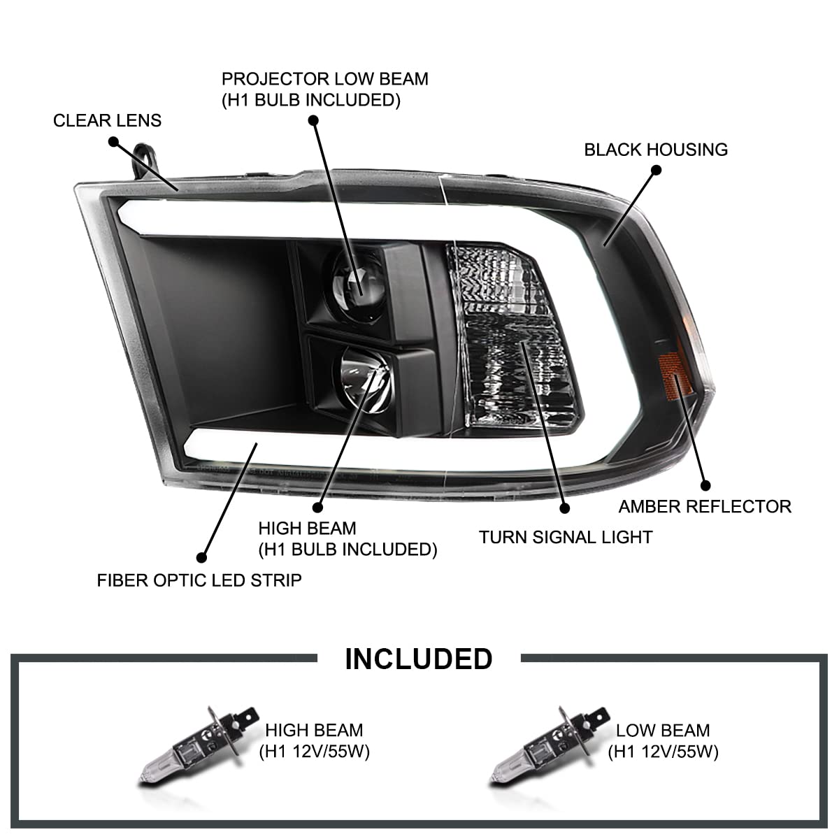 Black LED Light Bar Projector Headlights SPEC-D TUNING Compatible with 2009-2018 Dodge Ram 1500 2500 3500, Left + Right Pair Headlamps Assembly
