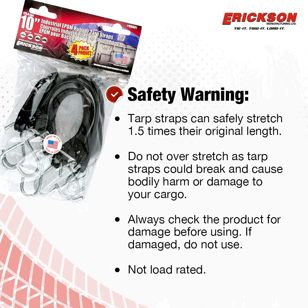 10" Long Erickson Industrial EPDM Rubber Tarp Strap, (Pack of 4)