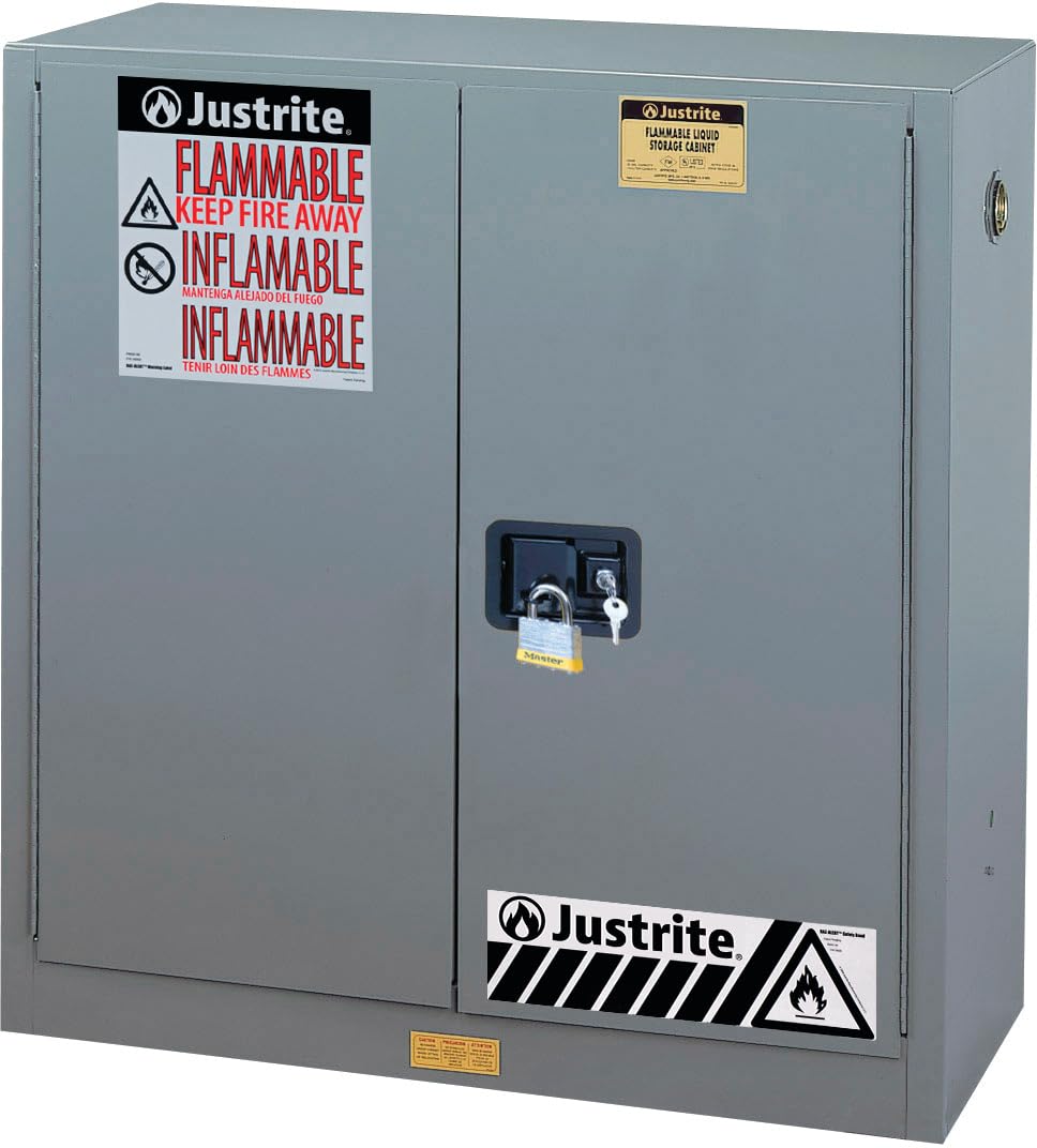 Justrite 30 Gallon Flammable Storage Cabinet Manual Close, 18 Gauge Steel, 1 Shelf, 2 Door Fire Cabinet, 44" x 43" x 18", Made in The USA, Gray, 893003