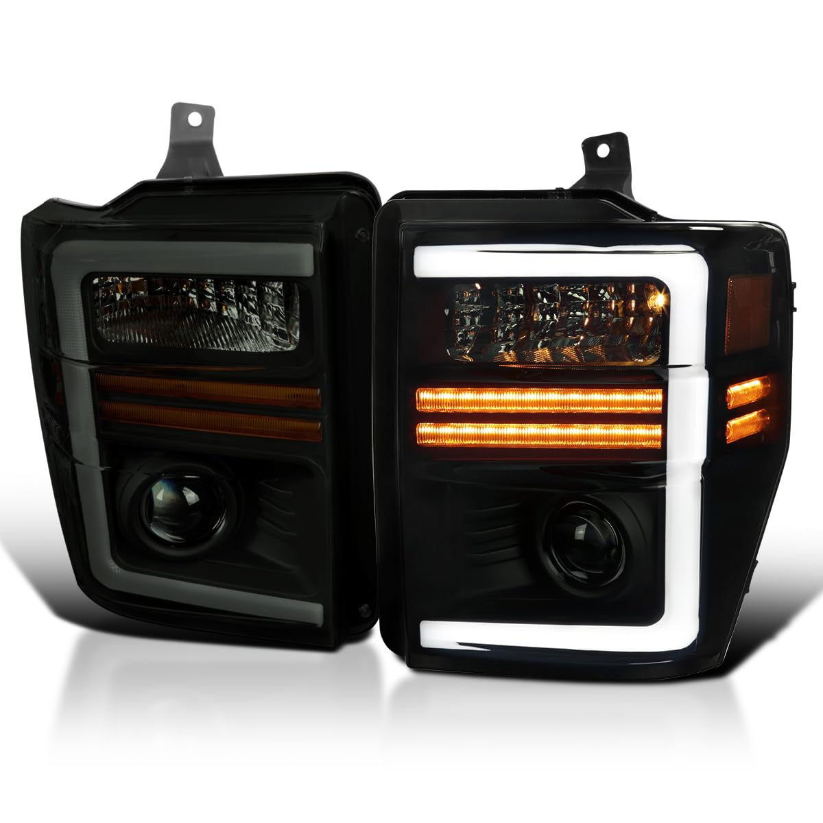 Black Smoke SPEC-D TUNING Projector Headlights with Sequential LED Turn Signal Light Strips Compatible with 2008-2010 Ford F-250, F-350, F-450, F-550 Super Duty, Left + Right Pair Headlamps Assembly