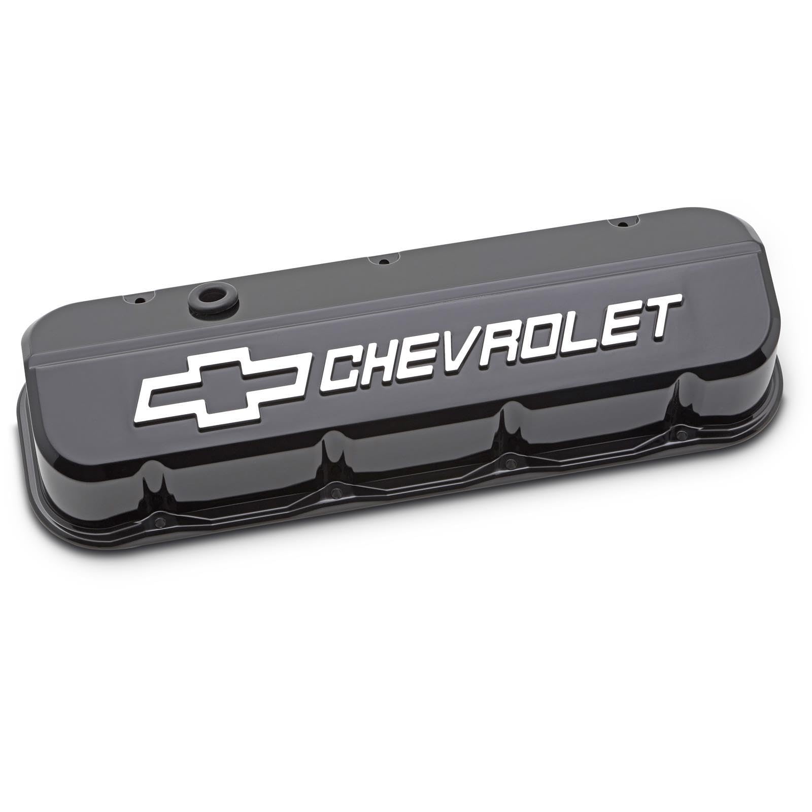 Proform Slant-Edge Valve Cover, Tall, Baffled, Breather Hole, Raised Chevrolet Logo, Aluminum, Black Paint