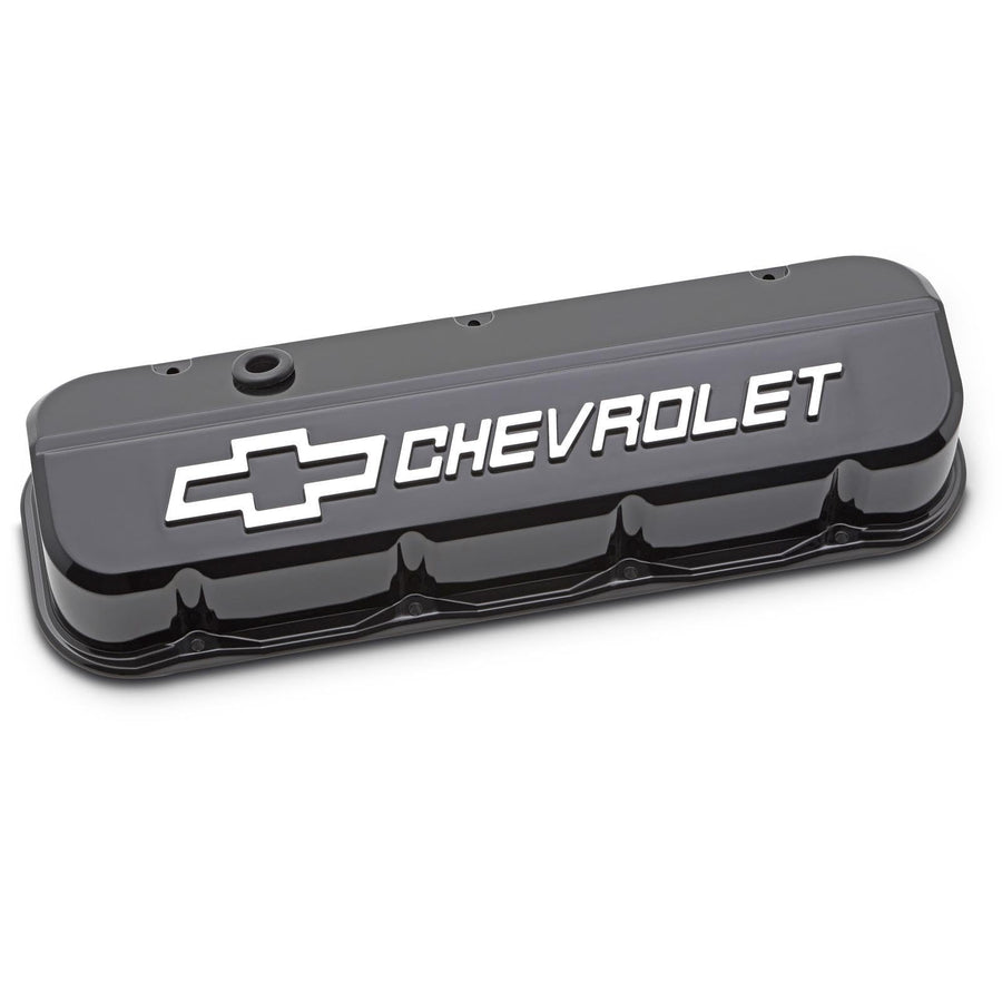 Proform Slant-Edge Valve Cover, Tall, Baffled, Breather Hole, Raised Chevrolet Logo, Aluminum, Black Paint