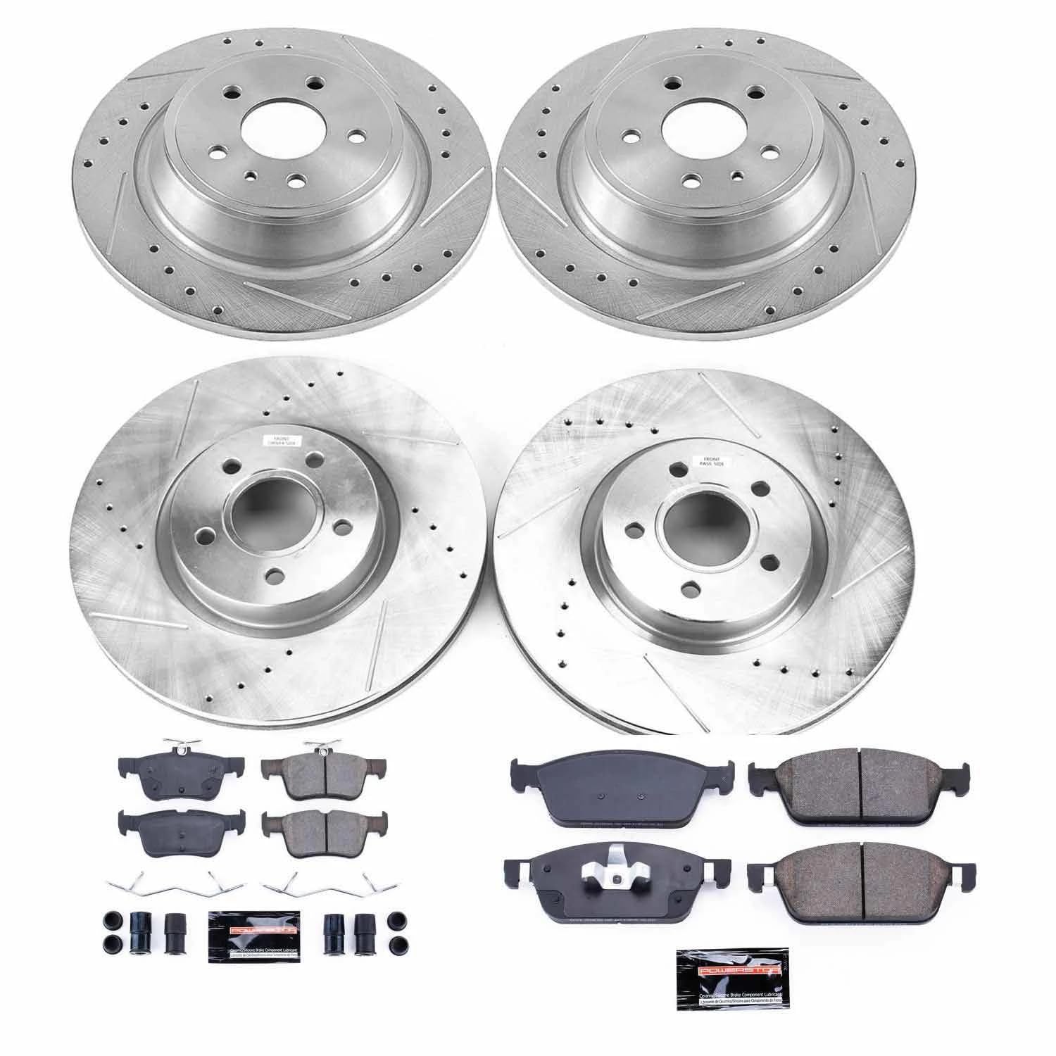Power Stop K8390 Z23 Carbon Fiber Brake Pads Front and Rear with Drilled & Slotted Brake Rotors Kit For Lincoln MKC 2017-2019 [Model Specific]