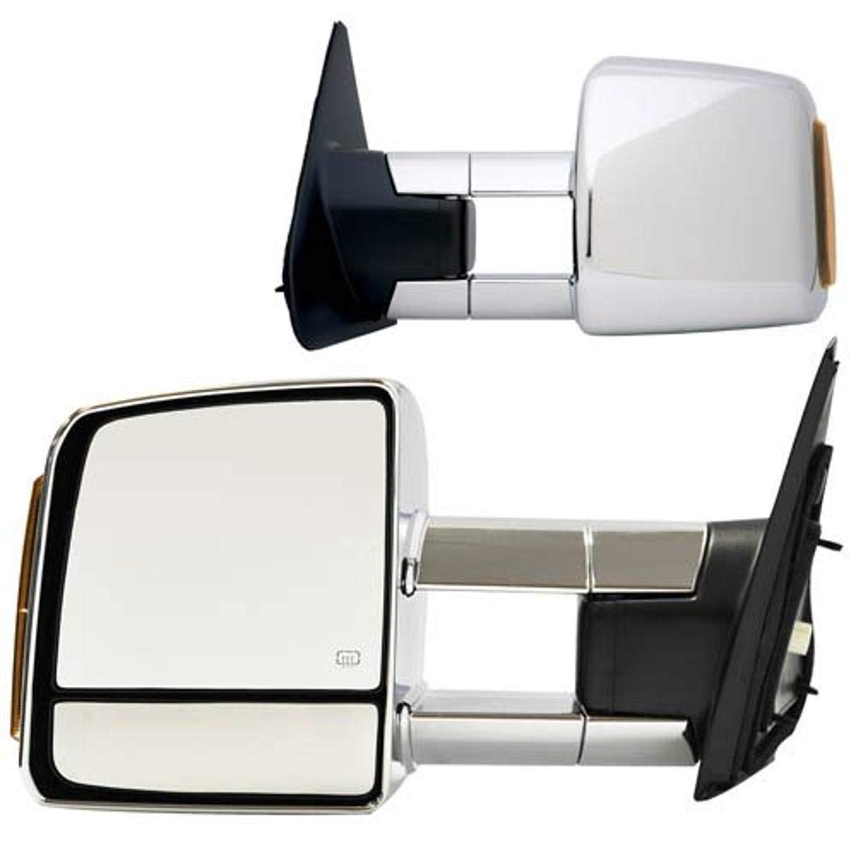 Fit System Towing Mirror Pair for Sequoia, Toyota Tundra Pick-Up w/Smoked Turn Signal & Running Lights, extendable, Dual Mirror, PERF Chrome, Foldaway, Heated Power